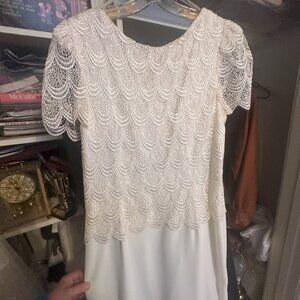 After Dark White shift dress with lacy overlay at the top